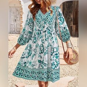 Teal Floral V-Neck Boho Midi Dress